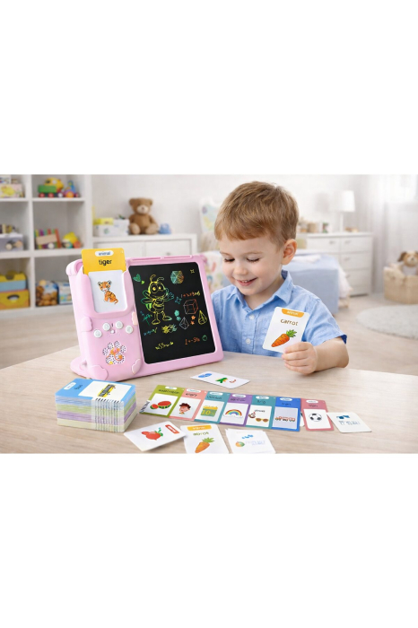 Jucarie educativa Montessori tip Ursulet Roz cu Tabla LCD, Fise de recunoastere si stilou, 3+, pentru copii - imagine principala produs [3]