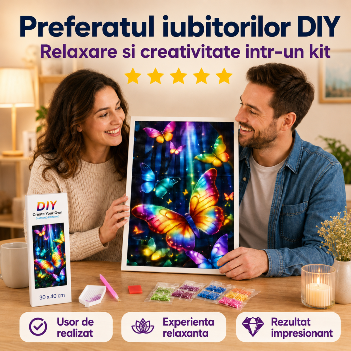 Kit de broderie cu diamante 5D, Fluturi Colorati, Set DIY Multicolor pentru Relaxare si Decor, 30 x 40 cm - imagine principala produs|Kit de broderie cu diamante 5D, Fluturi Colorati, Set DIY Multicolor pentru Relaxare si Decor, 30 x 40 cm - detaliu produs 2|Kit de broderie cu diamante 5D, Fluturi Colorati, Set DIY Multicolor pentru Relaxare si Decor, 30 x 40 cm - detaliu produs 3|Kit de broderie cu diamante 5D, Fluturi Colorati, Set DIY Multicolor pentru Relaxare si Decor, 30 x 40 cm - detaliu produs 4 [4]