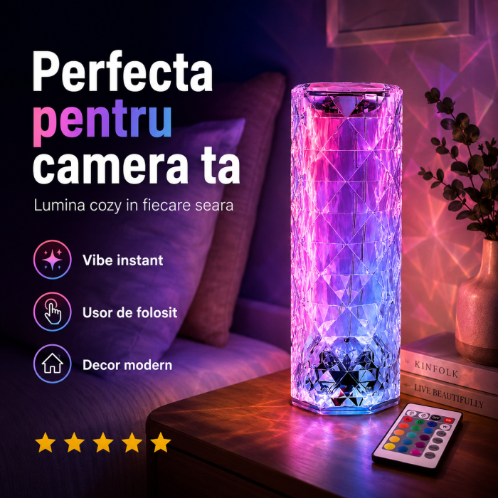Lampa LED Cristal RGB, 3 Lumini Albe, 16 Culori, Touch + Telecomanda, Multicolor - imagine principala produs [5]