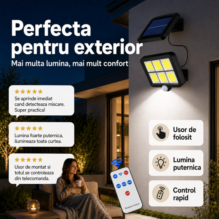 Lampa solara exterior 30W, 120 COB LED, senzor miscare si telecomanda [5]