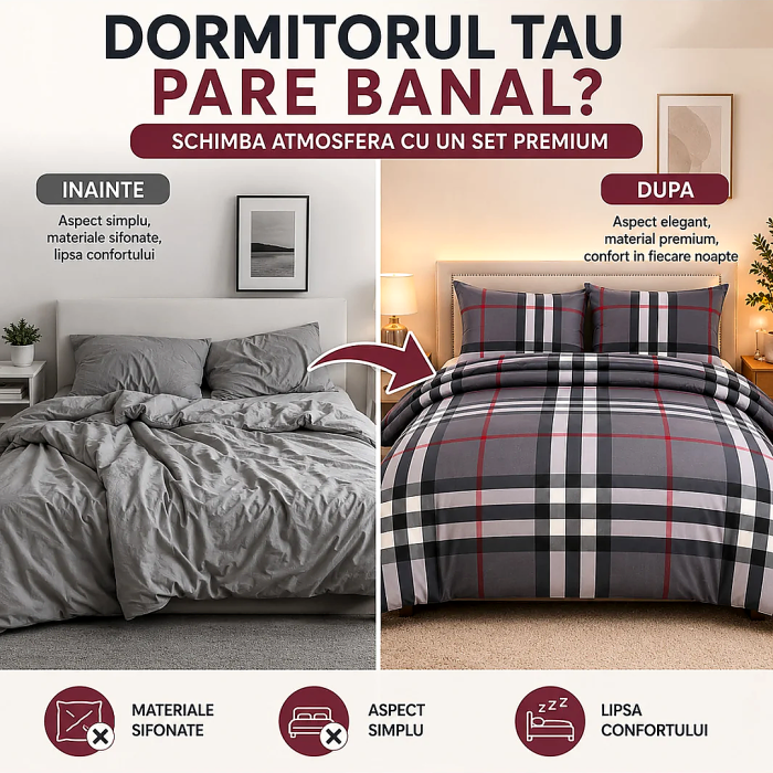 Lenjerie pat bumbac satinat premium, 4 piese, 180x200 cm, gri in carouri, Grey - imagine principala produs [2]
