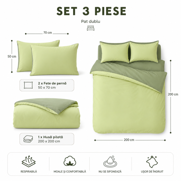 Lenjerie pat dublu 3 piese, verde, husa pilota 200x200 cm si fete perna 50x70 cm [4]