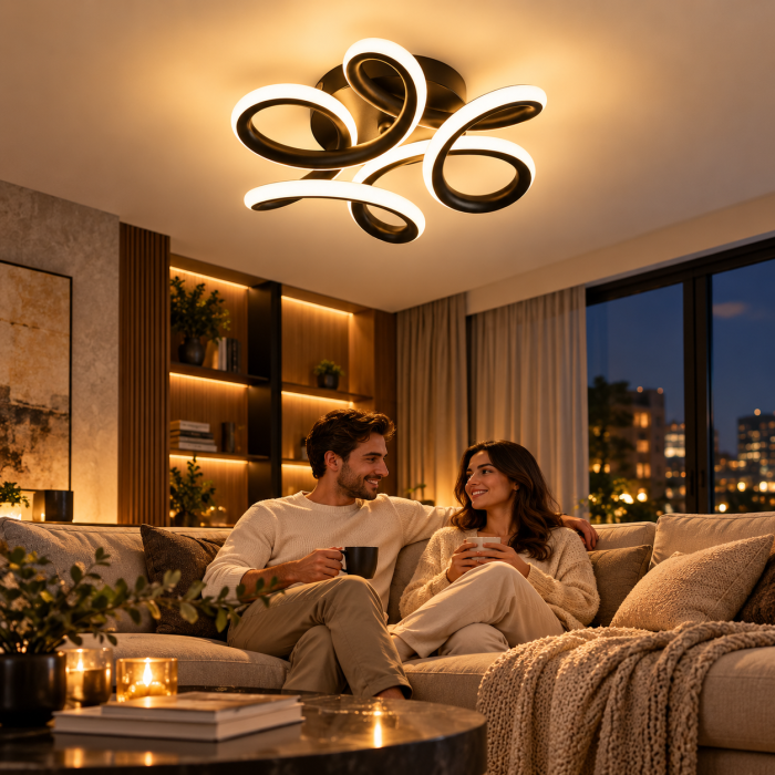 Lustra LED 65W, flux luminos 6402 lm, lumină caldă, neutră și rece, dimensiuni 24 x 8 cm, finisaj negru mat, pentru iluminat interior modern. [7]