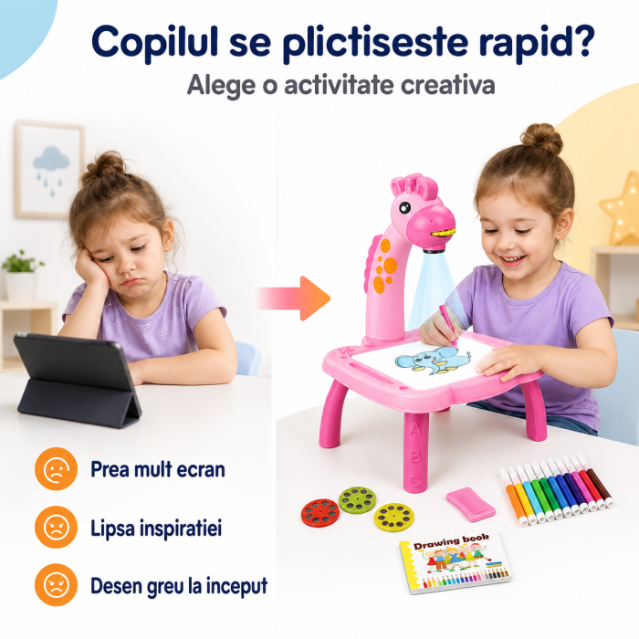 Masa desen cu proiector pentru copii, 3 discuri 24 sabloane, 12 carioci, tabla reutilizabila - imagine principala produs [2]