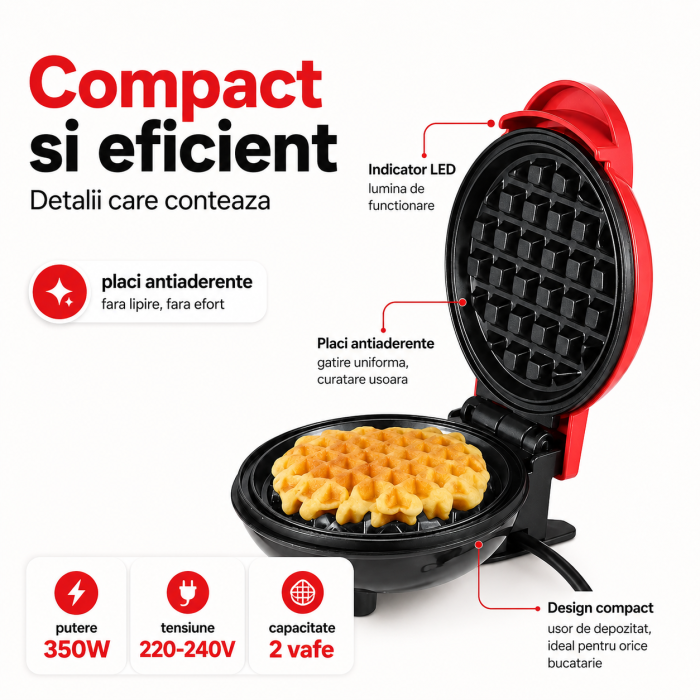 Mini aparat de vafe si gofre, 350W, placi antiaderente, indicator LED, design compact, rosu [4]