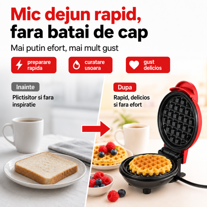 Mini aparat de vafe si gofre, 350W, placi antiaderente, indicator LED, design compact, rosu [2]