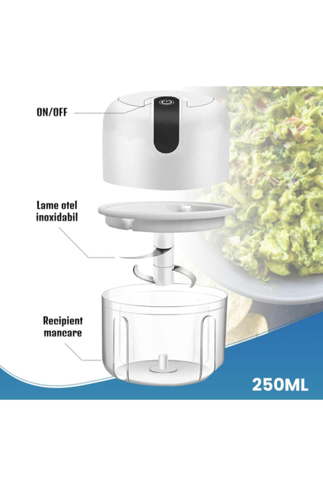 Mini tocator electric 250 ml, 3 lame inox, incarcare USB, compact, Alb - imagine principala produs|Mini tocator electric 250 ml, 3 lame inox, incarcare USB, compact, Alb - detaliu produs 2|Mini tocator electric 250 ml, 3 lame inox, incarcare USB, compact, Alb - detaliu produs 3|Mini tocator electric 250 ml, 3 lame inox, incarcare USB, compact, Alb - detaliu produs 4|Mini tocator electric 250 ml, 3 lame inox, incarcare USB, compact, Alb - detaliu produs 5|Mini tocator electric 250 ml, 3 lame inox, incarcare USB, compact, Alb - detaliu produs 6|Mini tocator electric 250 ml, 3 lame inox, incarcare USB, compact, Alb - detaliu produs 7 [5]