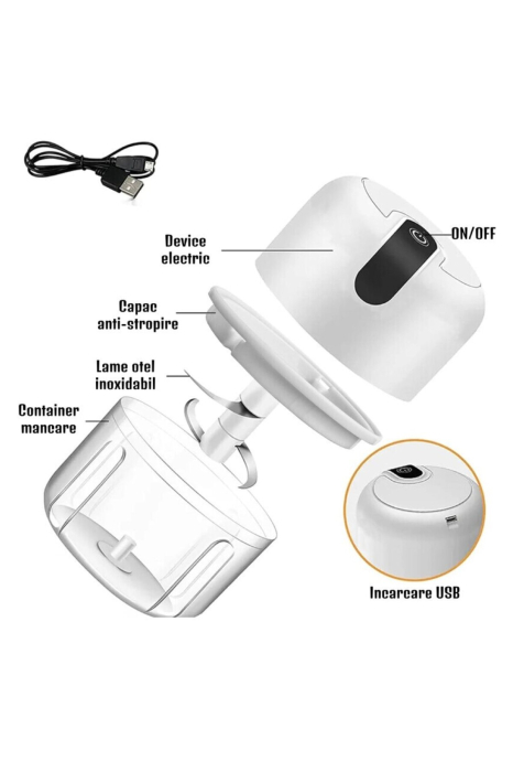 Mini tocator electric 250 ml, 3 lame inox, incarcare USB, compact, Alb - imagine principala produs|Mini tocator electric 250 ml, 3 lame inox, incarcare USB, compact, Alb - detaliu produs 2|Mini tocator electric 250 ml, 3 lame inox, incarcare USB, compact, Alb - detaliu produs 3|Mini tocator electric 250 ml, 3 lame inox, incarcare USB, compact, Alb - detaliu produs 4|Mini tocator electric 250 ml, 3 lame inox, incarcare USB, compact, Alb - detaliu produs 5|Mini tocator electric 250 ml, 3 lame inox, incarcare USB, compact, Alb - detaliu produs 6|Mini tocator electric 250 ml, 3 lame inox, incarcare USB, compact, Alb - detaliu produs 7 [4]