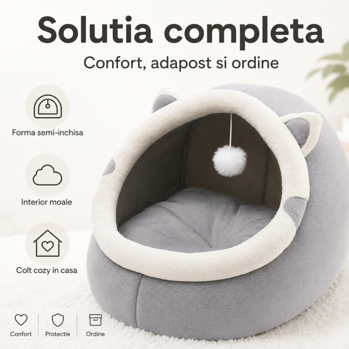 Pat pisici semi-inchis 38x39x35 cm, bumbac si burete moale, gri, confortabil si rezistent, Gray, pentru caini si pisici - imagine principala produs [3]