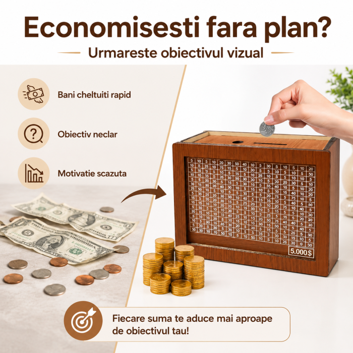 Pusculita din lemn, design interactiv, tinta 5000€ cu numere de bifat, maro - imagine principala produs [2]