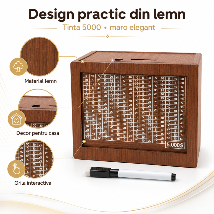 Pusculita din lemn, design interactiv, tinta 5000€ cu numere de bifat, maro - imagine principala produs [3]
