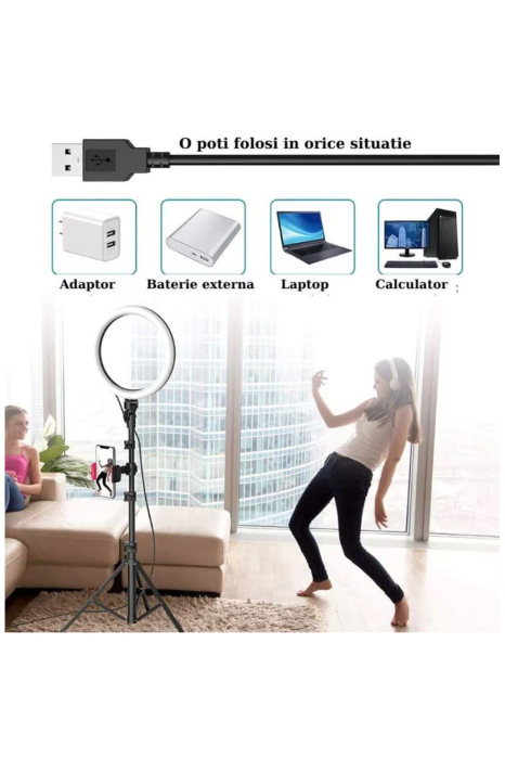 Ring Light LED 45 cm (18 inch), USB, 3 moduri lumina, trepied 210cm, Negru 45 cm, gadget modern - imagine principala produs [3]