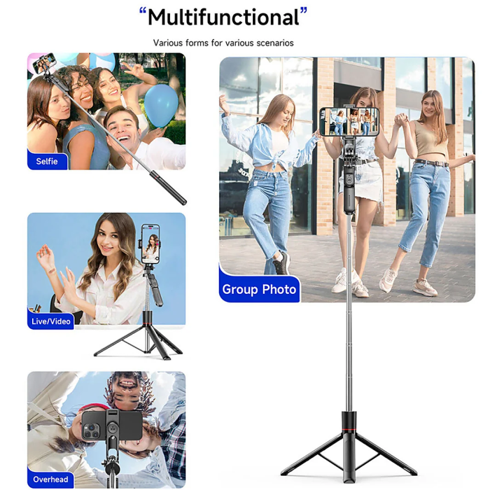 Selfie Stick cu trepied din inox, extensibil, maner detasabil pentru camera/telefon, Negru, gadget modern - imagine principala produs|Selfie Stick cu trepied din inox, extensibil, maner detasabil pentru camera/telefon, Negru, gadget modern - detaliu produs 2|Selfie Stick cu trepied din inox, extensibil, maner detasabil pentru camera/telefon, Negru, gadget modern - detaliu produs 3|Selfie Stick cu trepied din inox, extensibil, maner detasabil pentru camera/telefon, Negru, gadget modern - detaliu produs 4|Selfie Stick cu trepied din inox, extensibil, maner detasabil pentru camera/telefon, Negru, gadget modern - detaliu produs 5 [5]