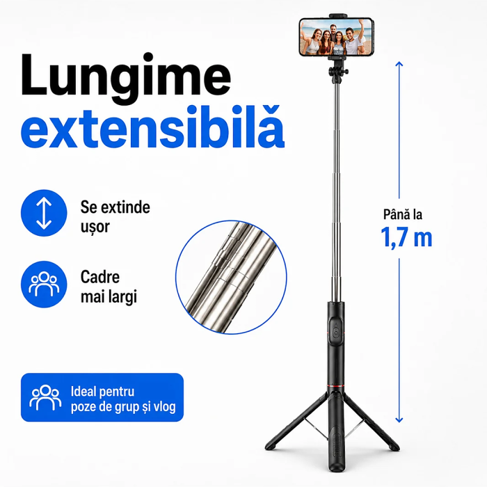 Selfie Stick cu trepied din inox, extensibil, maner detasabil pentru camera/telefon, Negru, gadget modern - imagine principala produs|Selfie Stick cu trepied din inox, extensibil, maner detasabil pentru camera/telefon, Negru, gadget modern - detaliu produs 2|Selfie Stick cu trepied din inox, extensibil, maner detasabil pentru camera/telefon, Negru, gadget modern - detaliu produs 3|Selfie Stick cu trepied din inox, extensibil, maner detasabil pentru camera/telefon, Negru, gadget modern - detaliu produs 4|Selfie Stick cu trepied din inox, extensibil, maner detasabil pentru camera/telefon, Negru, gadget modern - detaliu produs 5 [2]