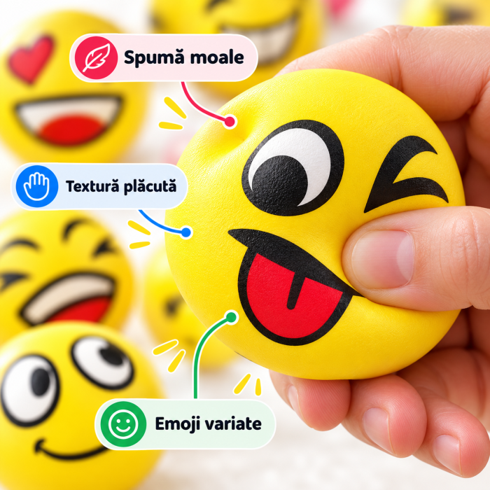 Set 12 bile squishy senzoriale Smiley Face, galbene și moi, jucărie antistres pentru copii. [5]