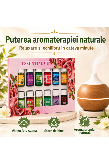 Set 12 Uleiuri Esentiale Pure, Naturale, Vegane - 12×3 ml, Aromaterapie, pentru rutina beauty - imagine principala produs [3]