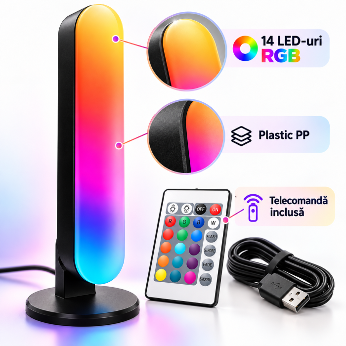 Set 2 lămpi LED RGB negre, 12 culori, 4 moduri, telecomandă, USB și lungime 26,5 cm. [4]