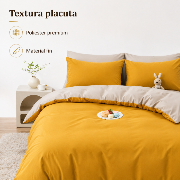 Set 3 piese lenjerie pat dublu galben, hipoalergica, doua fete, poliester premium - imagine principala produs [5]