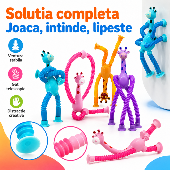 Set 4 jucarii interactive Girafe XL cu ventuza telescopica, plastic rezistent, multicolor, pentru copii - imagine principala produs [3]