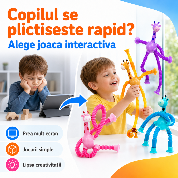Set 4 jucarii interactive Girafe XL cu ventuza telescopica, plastic rezistent, multicolor, pentru copii - imagine principala produs [2]