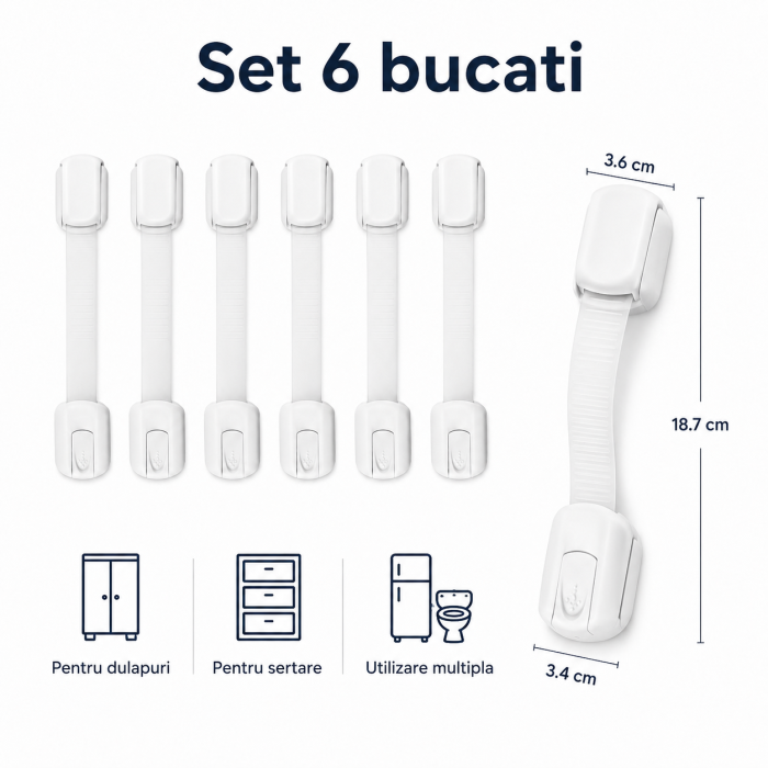 Set 6 sigurante universale pentru usi si sertare, adeziv puternic, ajustabile pe lungime, alb, pentru copii - imagine principala produs [4]