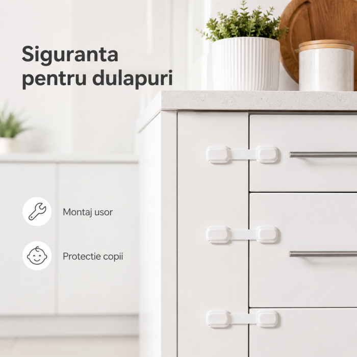 Set 6 sigurante universale pentru usi si sertare, adeziv puternic, ajustabile pe lungime, alb, pentru copii - imagine principala produs [2]