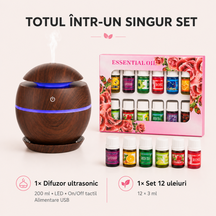 Set aromaterapie 13 piese, difuzor ultrasonic 200 ml cu LED, maro închis și 12 uleiuri esențiale x 3 ml [2]