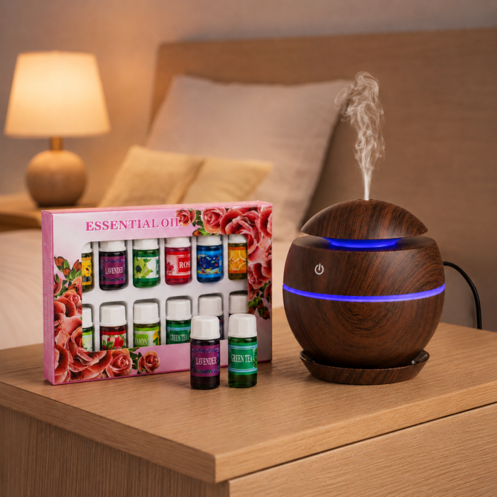 Set aromaterapie 13 piese, difuzor ultrasonic 200 ml cu LED, maro închis și 12 uleiuri esențiale x 3 ml [6]