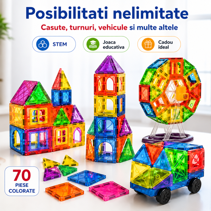 Set Constructie Magnetic 70 Piese Colorate pentru Copii [5]