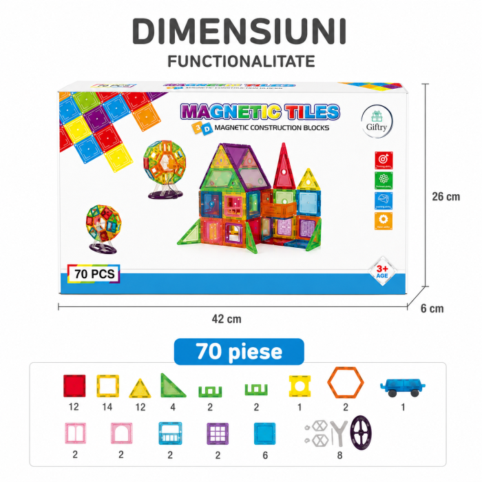 Set constructie Magnetic Tiles 3D, 70 piese magnetice, plastic ABS, multicolor [5]