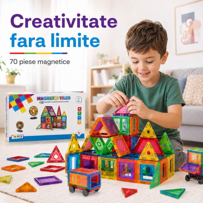 Set constructie Magnetic Tiles 3D, 70 piese magnetice, plastic ABS, multicolor [2]