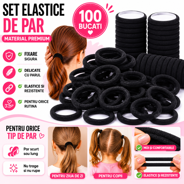 Set elastice de par, material premium, negru, 100 bucati, pentru rutina beauty - imagine principala produs [2]