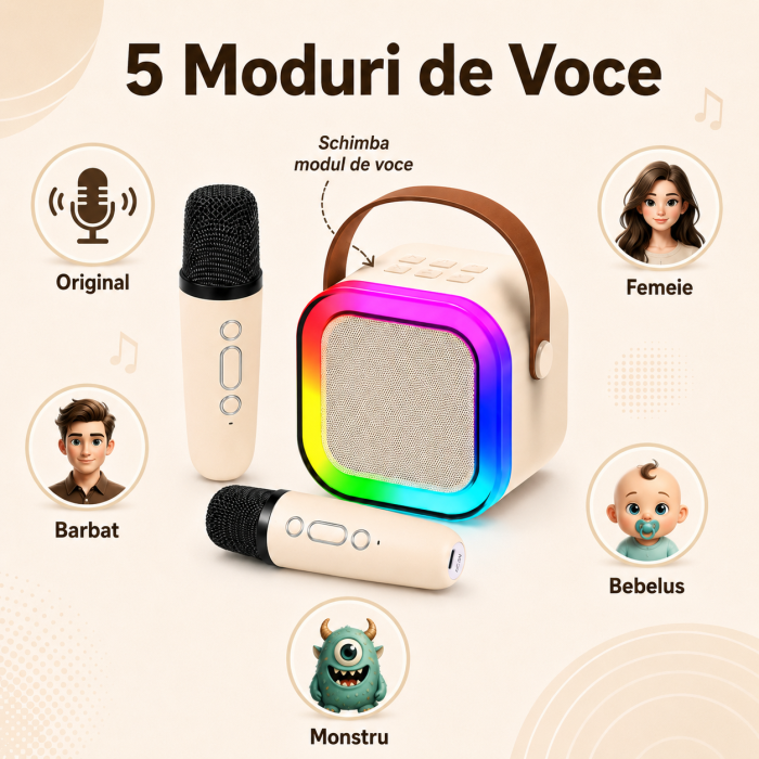Set Karaoke Portabil Boxa Bluetooth 5.3, 2 Microfoane Wireless, LED RGB, USB-C, Bej, gadget modern - imagine principala produs|Set Karaoke Portabil Boxa Bluetooth 5.3, 2 Microfoane Wireless, LED RGB, USB-C, Bej, gadget modern - detaliu produs 2|Set Karaoke Portabil Boxa Bluetooth 5.3, 2 Microfoane Wireless, LED RGB, USB-C, Bej, gadget modern - detaliu produs 3|Set Karaoke Portabil Boxa Bluetooth 5.3, 2 Microfoane Wireless, LED RGB, USB-C, Bej, gadget modern - detaliu produs 4|Set Karaoke Portabil Boxa Bluetooth 5.3, 2 Microfoane Wireless, LED RGB, USB-C, Bej, gadget modern - detaliu produs 5 [2]