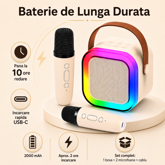 Set Karaoke Portabil Boxa Bluetooth 5.3, 2 Microfoane Wireless, LED RGB, USB-C, Bej, gadget modern - imagine principala produs|Set Karaoke Portabil Boxa Bluetooth 5.3, 2 Microfoane Wireless, LED RGB, USB-C, Bej, gadget modern - detaliu produs 2|Set Karaoke Portabil Boxa Bluetooth 5.3, 2 Microfoane Wireless, LED RGB, USB-C, Bej, gadget modern - detaliu produs 3|Set Karaoke Portabil Boxa Bluetooth 5.3, 2 Microfoane Wireless, LED RGB, USB-C, Bej, gadget modern - detaliu produs 4|Set Karaoke Portabil Boxa Bluetooth 5.3, 2 Microfoane Wireless, LED RGB, USB-C, Bej, gadget modern - detaliu produs 5 [4]