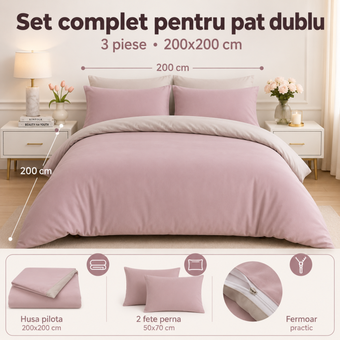 Set Lenjerie Pat Dublu, 3 Piese, Hipoalergica, Doua Fete, Roz/Gri [3]