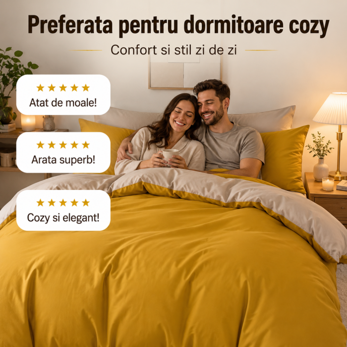 Set lenjerie pat dublu 3 piese, hipoalergica, galben, poliester premium, design cu doua fete [4]
