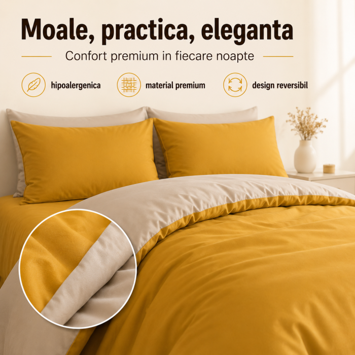 Set lenjerie pat dublu 3 piese, hipoalergica, galben, poliester premium, design cu doua fete [2]