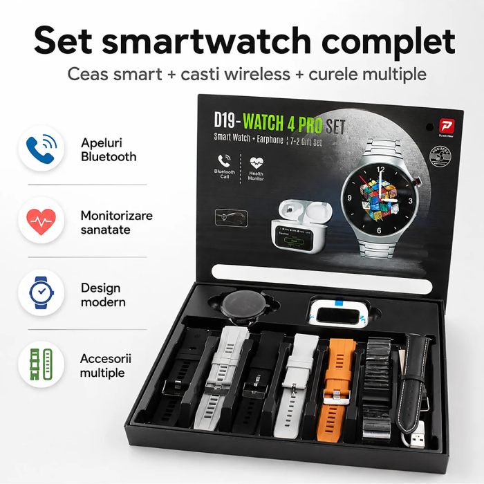 Set Smartwatch D19 Watch 4 Pro, Apeluri wireless, Apeluri Bluetooth, IP67, Multicolor, gadget modern - imagine principala produs|Set Smartwatch D19 Watch 4 Pro, Apeluri wireless, Apeluri Bluetooth, IP67, Multicolor, gadget modern - detaliu produs 2|Set Smartwatch D19 Watch 4 Pro, Apeluri wireless, Apeluri Bluetooth, IP67, Multicolor, gadget modern - detaliu produs 3|Set Smartwatch D19 Watch 4 Pro, Apeluri wireless, Apeluri Bluetooth, IP67, Multicolor, gadget modern - detaliu produs 4|Set Smartwatch D19 Watch 4 Pro, Apeluri wireless, Apeluri Bluetooth, IP67, Multicolor, gadget modern - detaliu produs 5|Set Smartwatch D19 Watch 4 Pro, Apeluri wireless, Apeluri Bluetooth, IP67, Multicolor, gadget modern - detaliu produs 6|Set Smartwatch D19 Watch 4 Pro, Apeluri wireless, Apeluri Bluetooth, IP67, Multicolor, gadget modern - detaliu produs 7 [2]