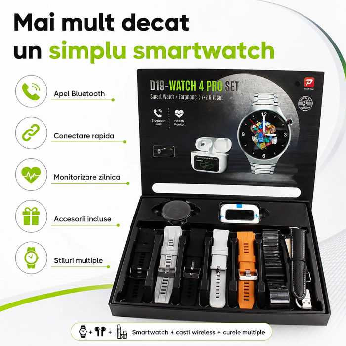 Set Smartwatch D19 Watch 4 Pro, Apeluri wireless, Apeluri Bluetooth, IP67, Multicolor, gadget modern - imagine principala produs|Set Smartwatch D19 Watch 4 Pro, Apeluri wireless, Apeluri Bluetooth, IP67, Multicolor, gadget modern - detaliu produs 2|Set Smartwatch D19 Watch 4 Pro, Apeluri wireless, Apeluri Bluetooth, IP67, Multicolor, gadget modern - detaliu produs 3|Set Smartwatch D19 Watch 4 Pro, Apeluri wireless, Apeluri Bluetooth, IP67, Multicolor, gadget modern - detaliu produs 4|Set Smartwatch D19 Watch 4 Pro, Apeluri wireless, Apeluri Bluetooth, IP67, Multicolor, gadget modern - detaliu produs 5|Set Smartwatch D19 Watch 4 Pro, Apeluri wireless, Apeluri Bluetooth, IP67, Multicolor, gadget modern - detaliu produs 6|Set Smartwatch D19 Watch 4 Pro, Apeluri wireless, Apeluri Bluetooth, IP67, Multicolor, gadget modern - detaliu produs 7 [5]