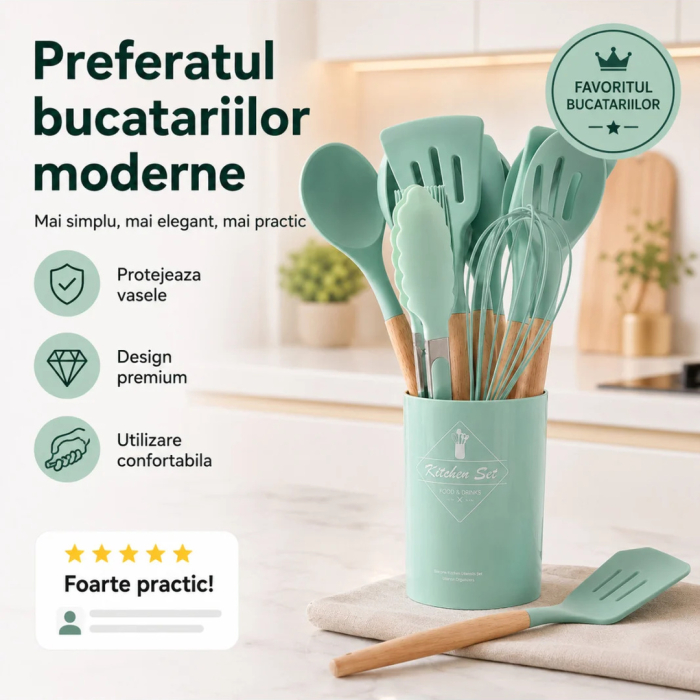 Set Ustensile Bucatarie din Silicon termorezistent Verde, 12 Piese, Maner Lemn, pentru bucatarie - imagine principala produs|Set Ustensile Bucatarie din Silicon termorezistent Verde, 12 Piese, Maner Lemn, pentru bucatarie - detaliu produs 2|Set Ustensile Bucatarie din Silicon termorezistent Verde, 12 Piese, Maner Lemn, pentru bucatarie - detaliu produs 3|Set Ustensile Bucatarie din Silicon termorezistent Verde, 12 Piese, Maner Lemn, pentru bucatarie - detaliu produs 4|Set Ustensile Bucatarie din Silicon termorezistent Verde, 12 Piese, Maner Lemn, pentru bucatarie - detaliu produs 5|Set Ustensile Bucatarie din Silicon termorezistent Verde, 12 Piese, Maner Lemn, pentru bucatarie - detaliu produs 6 [5]