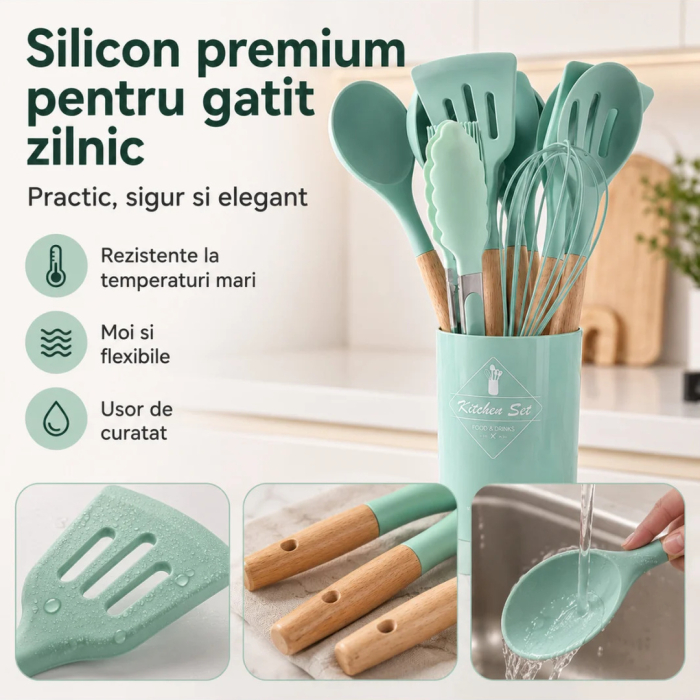 Set Ustensile Bucatarie din Silicon termorezistent Verde, 12 Piese, Maner Lemn, pentru bucatarie - imagine principala produs|Set Ustensile Bucatarie din Silicon termorezistent Verde, 12 Piese, Maner Lemn, pentru bucatarie - detaliu produs 2|Set Ustensile Bucatarie din Silicon termorezistent Verde, 12 Piese, Maner Lemn, pentru bucatarie - detaliu produs 3|Set Ustensile Bucatarie din Silicon termorezistent Verde, 12 Piese, Maner Lemn, pentru bucatarie - detaliu produs 4|Set Ustensile Bucatarie din Silicon termorezistent Verde, 12 Piese, Maner Lemn, pentru bucatarie - detaliu produs 5|Set Ustensile Bucatarie din Silicon termorezistent Verde, 12 Piese, Maner Lemn, pentru bucatarie - detaliu produs 6 [3]