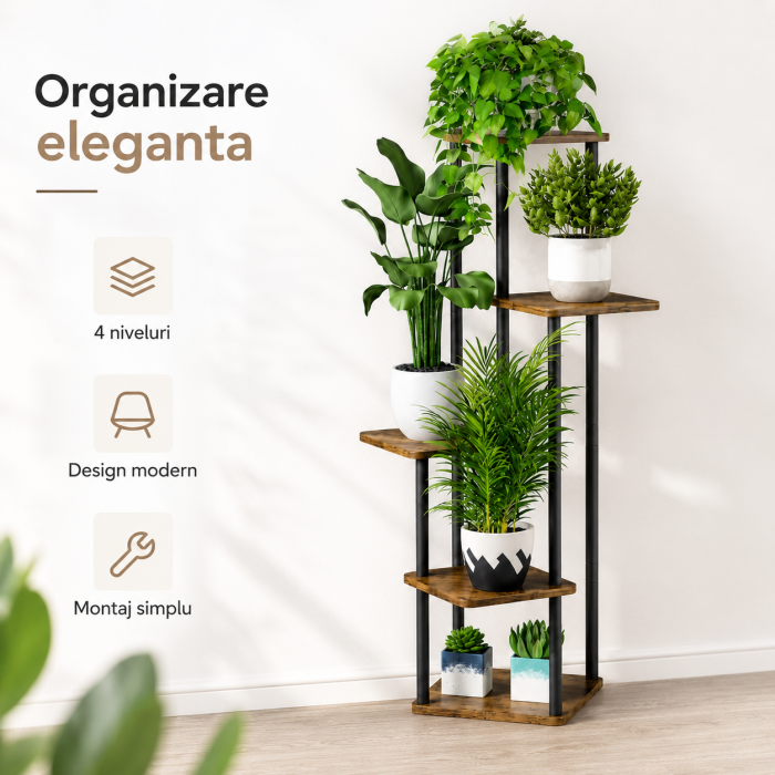 Stand / Suport vertical pentru flori 4 etajere, structura metalica, inaltime 106.3 cm, Black/brown - imagine principala produs [5]