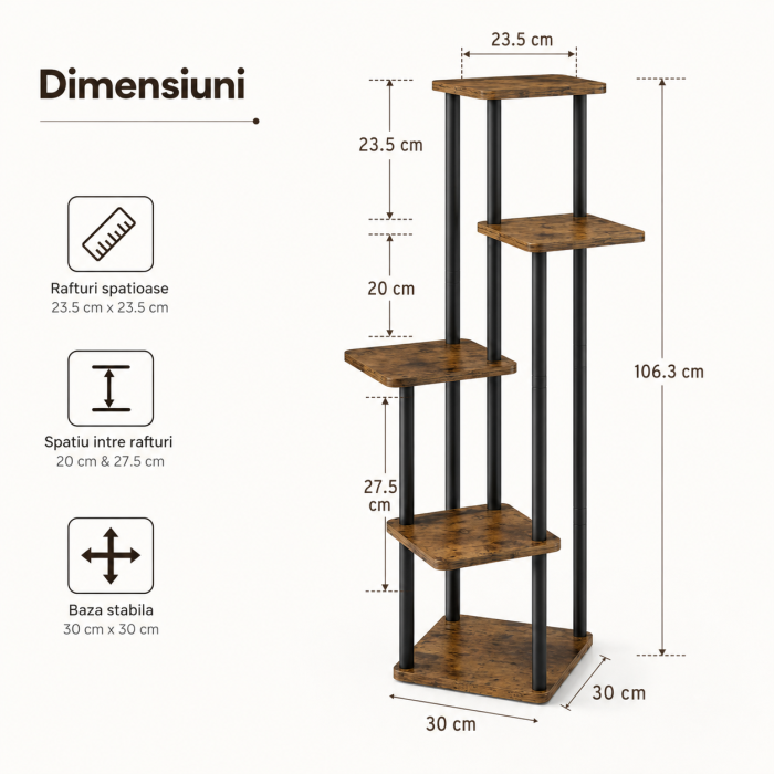 Stand / Suport vertical pentru flori 4 etajere, structura metalica, inaltime 106.3 cm, Black/brown - imagine principala produs [2]