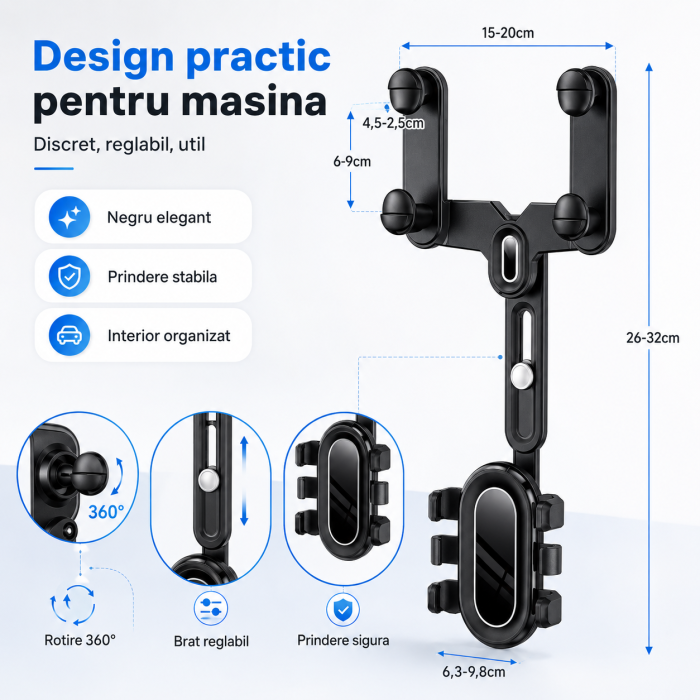 Suport telefon pentru oglinda retrovizoare, rotativ 360°, reglabil pe inaltime si latime, Negru, pentru masina - imagine principala produs|Suport telefon pentru oglinda retrovizoare, rotativ 360°, reglabil pe inaltime si latime, Negru, pentru masina - detaliu produs 2|Suport telefon pentru oglinda retrovizoare, rotativ 360°, reglabil pe inaltime si latime, Negru, pentru masina - detaliu produs 3|Suport telefon pentru oglinda retrovizoare, rotativ 360°, reglabil pe inaltime si latime, Negru, pentru masina - detaliu produs 4|Suport telefon pentru oglinda retrovizoare, rotativ 360°, reglabil pe inaltime si latime, Negru, pentru masina - detaliu produs 5|Suport telefon pentru oglinda retrovizoare, rotativ 360°, reglabil pe inaltime si latime, Negru, pentru masina - detaliu produs 6|Suport telefon pentru oglinda retrovizoare, rotativ 360°, reglabil pe inaltime si latime, Negru, pentru masina - detaliu produs 7 [5]