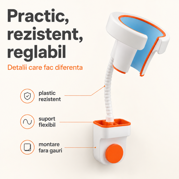 Suport pentru uscator de par cu montare pe perete, fara perforare, unghi reglabil, plastic rezistent [3]