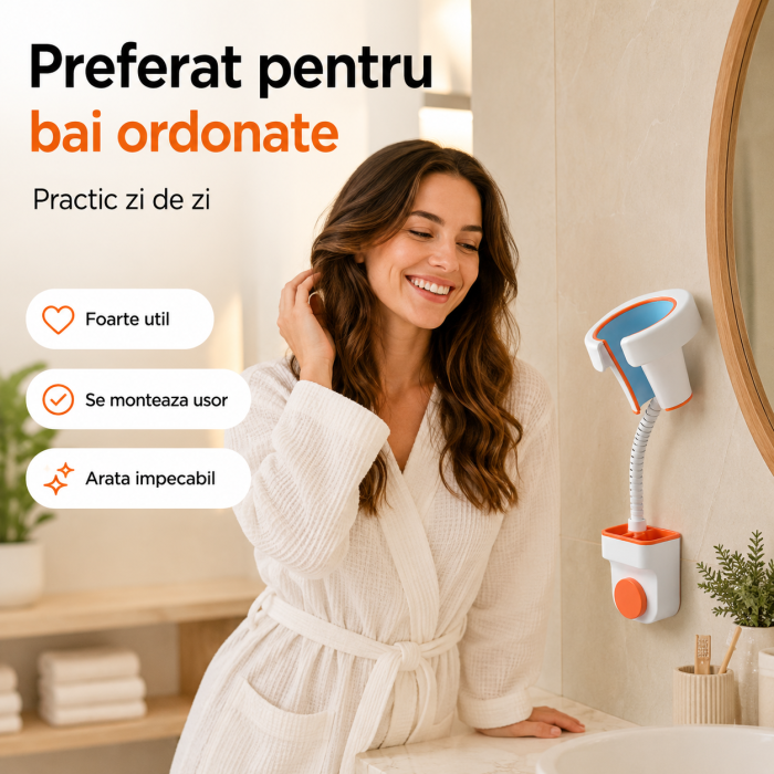 Suport pentru uscator de par cu montare pe perete, fara perforare, unghi reglabil, plastic rezistent [5]
