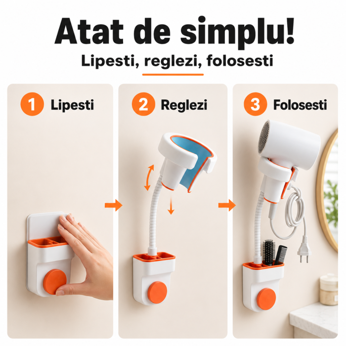 Suport pentru uscator de par cu montare pe perete, fara perforare, unghi reglabil, plastic rezistent [4]