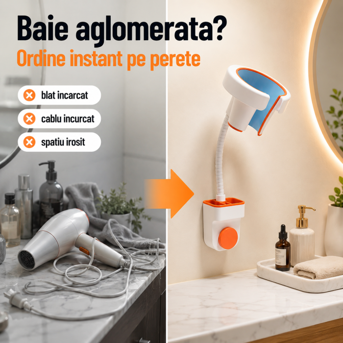 Suport pentru uscator de par cu montare pe perete, fara perforare, unghi reglabil, plastic rezistent [2]