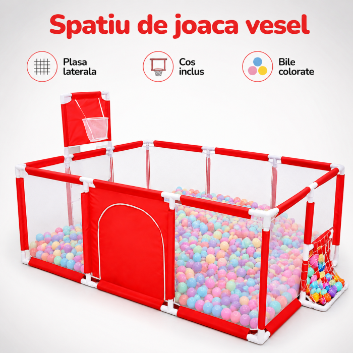 Tarc de joaca copii. 120×180 cm, plasa protectie, cos mingi, structura stabila, Rosu - imagine principala produs [2]