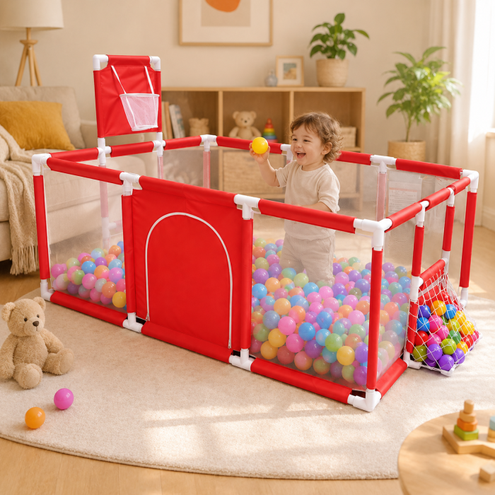 Tarc de joaca copii. 120×180 cm, plasa protectie, cos mingi, structura stabila, Rosu - imagine principala produs [5]